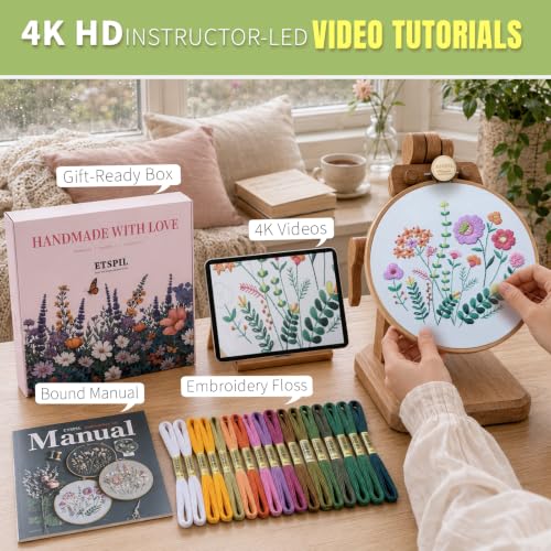 ETSPIL Embroidery Kit for Beginners, 11 Stitches, Easy to Follow, 4K Video - color: flower A3