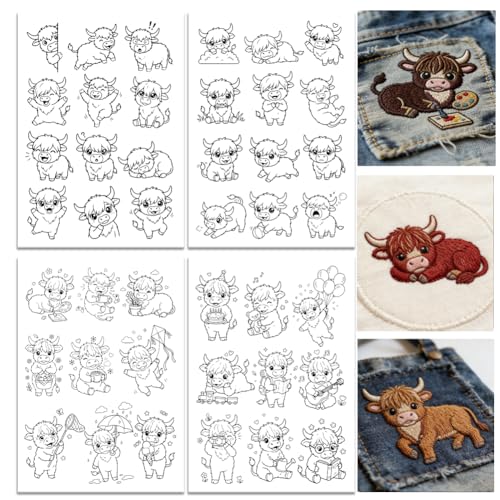 ORIGACH 4 Sheets A4 Highland Cow Water Soluble Embroidery Patterns, Stick and Stitch Paper for Animal-Themed DIY Sewing, Beginners Hand Sewing Stabilizers - color: Highland Cow