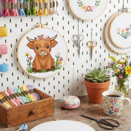 Stamped Cross Stitch Kits for Beginners-Highland Cow,with Embroidery Hoop - color: Cow-2605