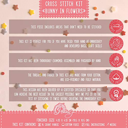 Povitrulya Cross Stitch Kit 'Bunny in Flowers' - DIY Spring Embroidery Design with Baby Rabbit Counted Pattern - color: Bunny in Flowers