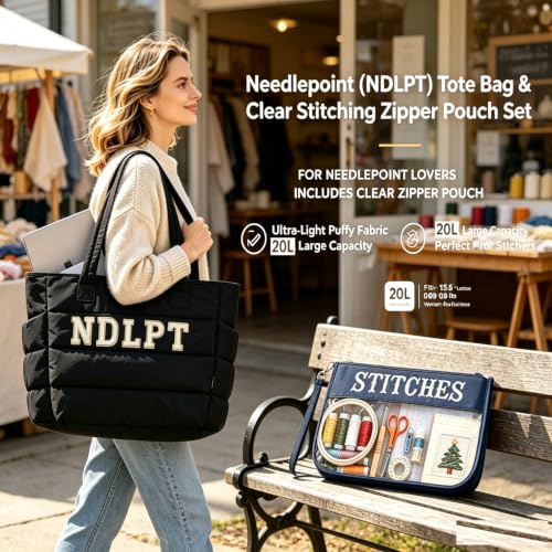 Needlepoint (NDLPT) Tote Bag & Clear Stitching Zipper Pouch Set (Black) - color: Black