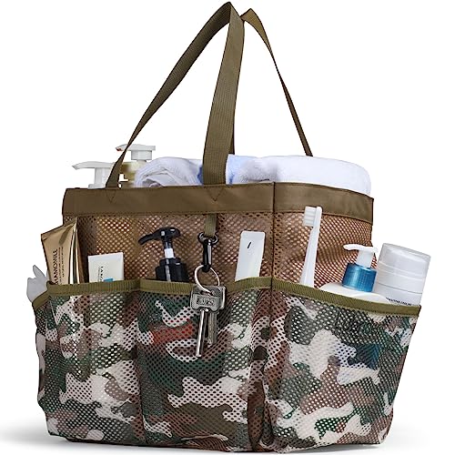 Mesh Shower Caddy Portable - 8 Pockets, S-Hook, Shower Bag for Dorm Camping - color: Brown Camouflage, size: L (Classic Dorm Caddy)