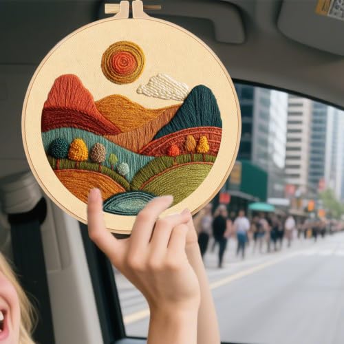 FONNUY Embroidery Kit for Beginners, Textured Vibrant Nature Landscape Pre-Stamped Pattern Kits for Adults with Hoop, Easy to Follow Color Thread Needlework, 8'' Hoop (Red 2) - color: Red 2