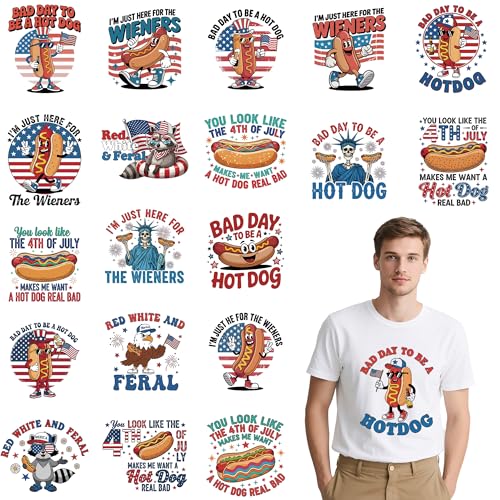 20 Sheets 4th of July Iron on Transfers for T-Shirts - color: Hot Dog