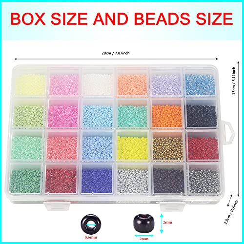 Size 12/0 Crafts Glass Seed Beads 2mm Tiny Pony Beads Assorted Kit with Organizer Box for Jewelry Making (24 Assorted Multicolor Set, Total About 24000pcs) - color: 24 colors B