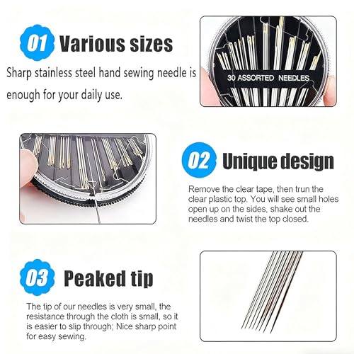 30Pcs Hand Sewing Needles 6 Sizes Large Eye Embroidery Steel Needles Kit with 2 Threaders for DIY Craft Projects,Quilting,Darning Handsewing,Sewing Repair