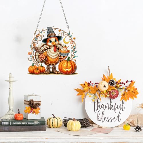 ZeeLionArt Hanging Diamonds Art kits for Adults,Thanksgiving turkey Pendant Diamonds Painting Art Kit,6.8x7.1inch Acrylic Diamonds Painting Board Kit Ornament, Special Crystal Diamond Hanging Ornament - color: DP04381