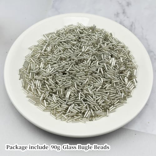90g Glass Bugle Beads 7x2mm Embroidery Tube Glass Spacer Bulk Small Craft Long Beads for Necklaces Bracelets Earrings DIY Jewelry Making(Silver White) - color: Silver White