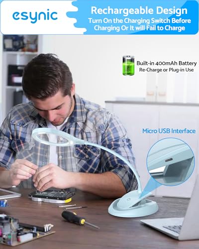eSynic Magnifier Lamp with Light - 5X & 10X 110mm Large Lens with 15 LED Lights & USB-C Rechargeable Charging- With Flexible Gooseneck Adjustable Dual Clip& Base Mount for Crafts, Reading & Close Work