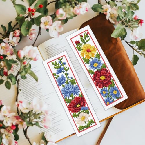 BEUNITONE 6 Pcs Flowers Cross Stitch Bookmark Kit for Adults Beginners Vivid Floral DIY Stamped Embroidery Bookmark Punch Needle Kit with Instructions for Book Lovers Reader Writer Gift 8''x2.4'' - style: Flower Cluster B