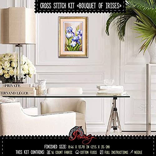 Povitrulya Counted Cross Stitch Kit ‘Purple Irises’ - DIY Hand Embroidery Set with Flower Paper Counted Pattern, Pre-Sorted Floss and 16 Count Aida Fabric - color: Purple Irises