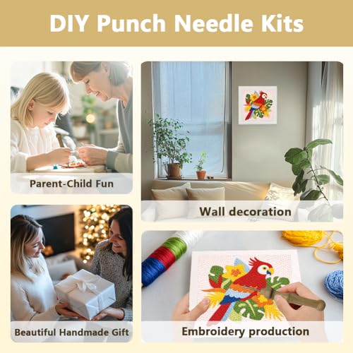 DOODLREAM Tropical Parrot Needle Kit for Beginner, 9.4"x 9.4" Jungle Floral Punch Stitching Craft Set, Color Bird DIY Embroidery Starter with Printed Frame, Instruction, Threader, Yarn, Pinch Needle - color: Parrot
