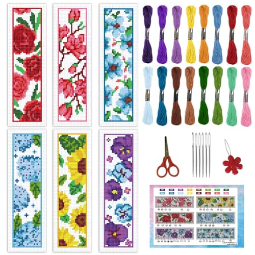 INFUNLY 6pcs Red Rose Cross Stitch Bookmark Kits DIY Sunflower Peach Blossom Embroidery Bookmark Kits for Beginners with Instruction Blue Flower Bookmark Making Kit for Book Lovers Readers Women Gifts - style: Flower