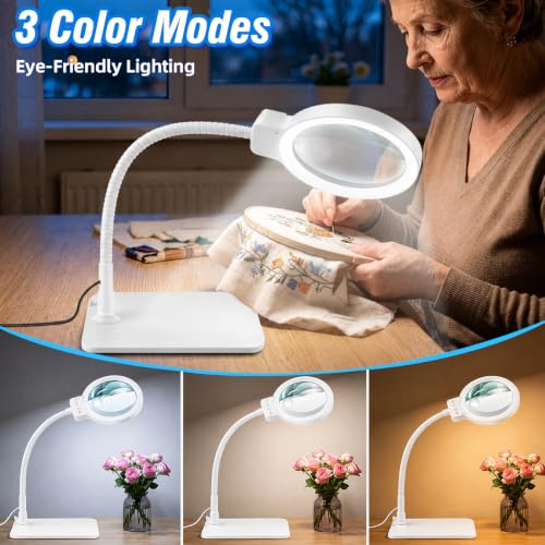 30X 10X Large Magnifying Glass with Light and Stand,LED Magnifier Desk Lamp - color: White