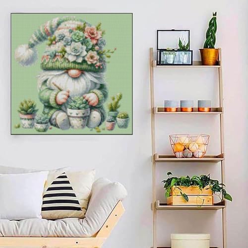 Gnome Succulents Stamped Cross Stitch Kits Cross Stitch Patterns,Dimensions Cross Stitch Kits Embroidery Kit Arts and Crafts for Beginners 13.7x13.7 inch - color: D002