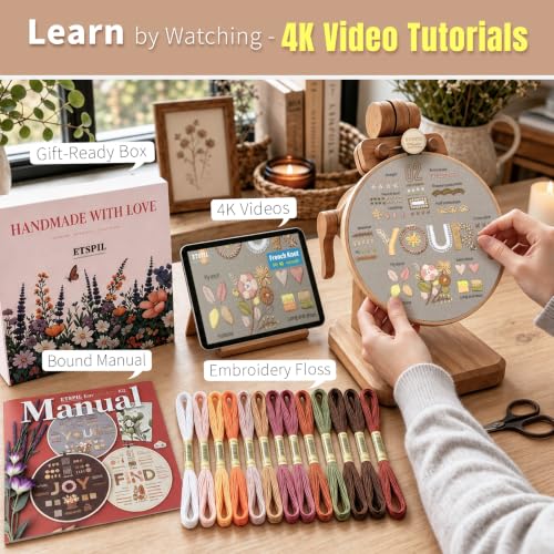 ETSPIL Embroidery Kit for Adults, 42 Stitches, 4K Video, Storage Bag - color: letter E