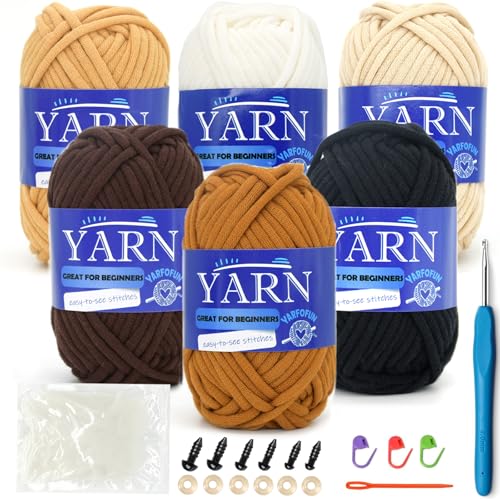 6 Pack Cotton Yarn for Beginners - Easy to See Stitches Crochet and Knitting Kit - Cotton Nylon Blend - Brown Series - color: Brown Series 02, size: 6 PACK