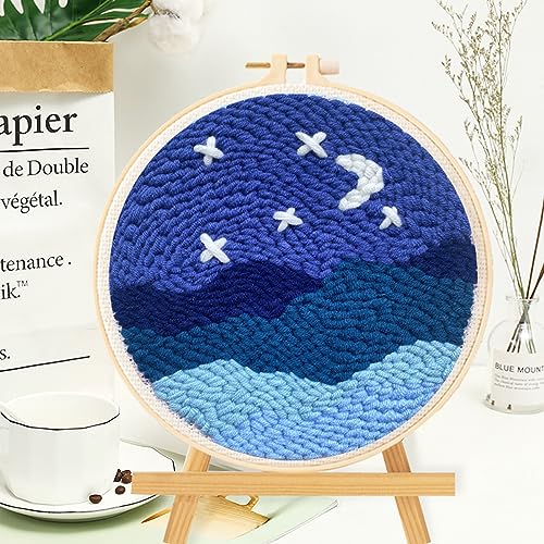 Allazone Punch Needle Embroidery Starter Kits, Pattern Punch Needle Kits Threader Fabric Embroidery, Punch Needle with Adjustable Embroidery Pen for Adults Kids Beginner (Moonlight & Lakeside) - color: Moonlight & Lakeside