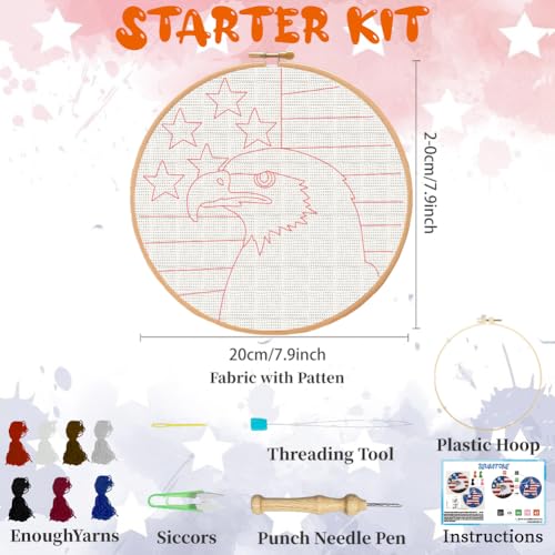 BEUNITONE 2Pcs Punch Needle Kit for Beginners, American Flag Starter Embroidery Kits with Frame & Instructions, Needle Felting Kit Poke Art for Adults DIY Craft for Coasters, Bags, Clothes Decor - color: 05-American