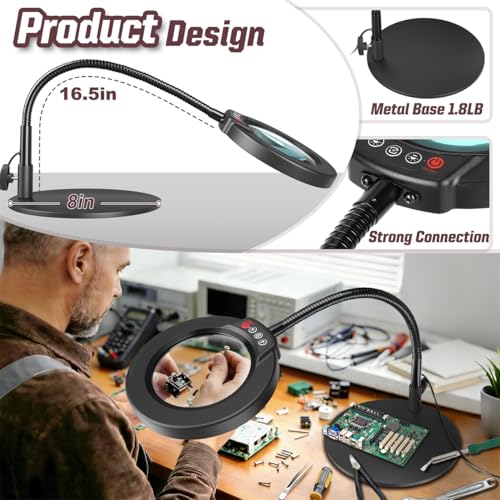 10X Magnifying Glass with Light and Stand, 16.5in Flexible Goose-Neck, 5 Color Modes Stepless Dimmable LED Lighted Desk Lamp, Hands Free Magnifier for Crafting Hobby Painting Close Work - Black - color: Black, size: 10X-16.5in