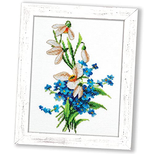 Povitrulya Spring Flowers Cross Stitch Kit “Snowdrops” | Embroidery Set with White Floral Pattern and 16 Count Aida Fabric - color: Snowdrops