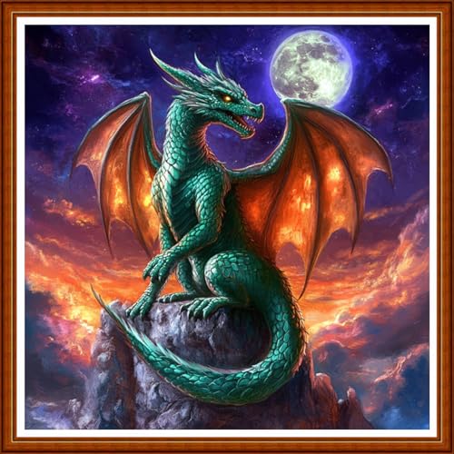 Redxing Counted Cross Stitch Kit for Beginners,Unprinted Needlepoint Kits for Beginners Cross Stitching Embroidery Kit 11CT Stitches kit-Moonnight Pterosaur 18x18 inch - color: SetColor16
