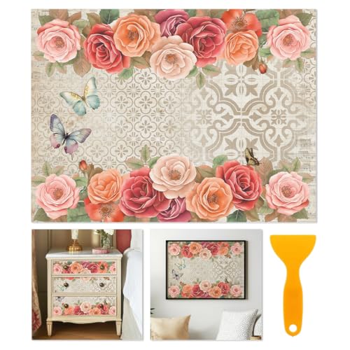 6 Sheets Roses Rub on Transfers for Furniture Large Vintage Floral Butterfly Rub on Transfer Sticker for Wood Furniture Decor Iod Transfers Stickers for Wood Dresser Glass Decals 6"x12" - style: Vintage French Flowers