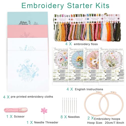 Harimau Adult Beginner Embroidery Starter Kit, Complete Set with 4 Patterns, 2 Hoops, Needles, Scissors, Instruction Guide & Stitching Video Tutorials - color: Floral2 pattern