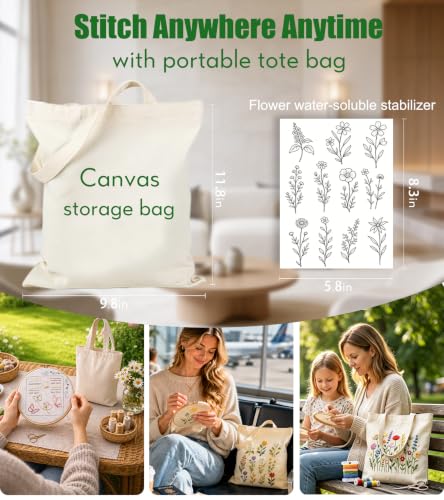 Beginner Embroidery Stitch Book Kit with Portable Canvas Bag for Adults