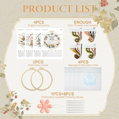 ElasignShopo 4 Set Embroidery Kit for Beginners Adults Book Lovers Embroidery Starter Kit Books Flowers Pattern Hand Crewel Cross Stitch Kits Includes Instruction 2 Hoops Color Threads Needles - color: Book