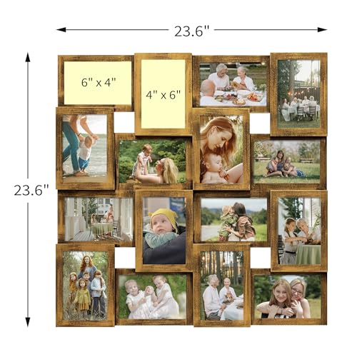 J.M.Deco Collage Picture Frames for Wall 16 Opening, Large Photo Frame Collage Wall Hanging for 4x6 Photo, Reunion Friends Family Memory, Christmas Gift - Retro Gold - color: Retro Gold, size: 16 Opening