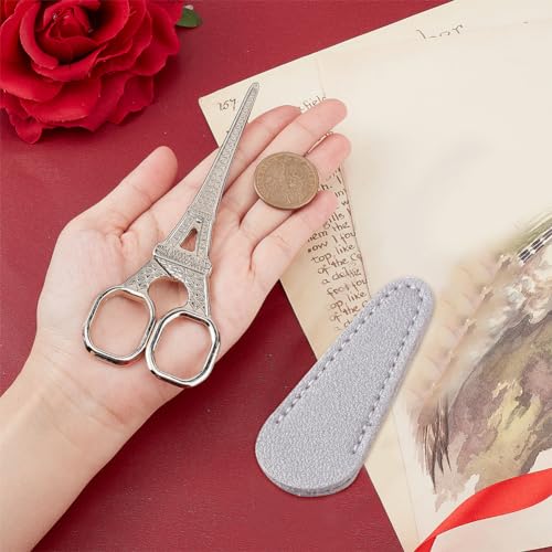 SUNNYCLUE 1Pcs 2 Styles Eiffel Tower Sewing Scissors Cover Stainless Steel Vintage Embroidery Scissors with Imitation Leather Sheath for Art Work Fabric Paper Cutting Craft Threading Household Daily - color: Light Gold-1pc-tower Scissors With Cover