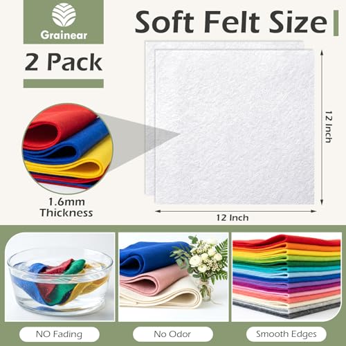 White Soft Felt Sheets for Crafts, 12" x 12", 1.6mm Thick, 2 Pcs - color: White