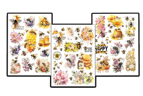 Vintage Honey Bee Rub-on Transfer Stickers Decals, 8.3 x 5.9 Inch, 3 Sheets Bee Design for Paper Crafts
