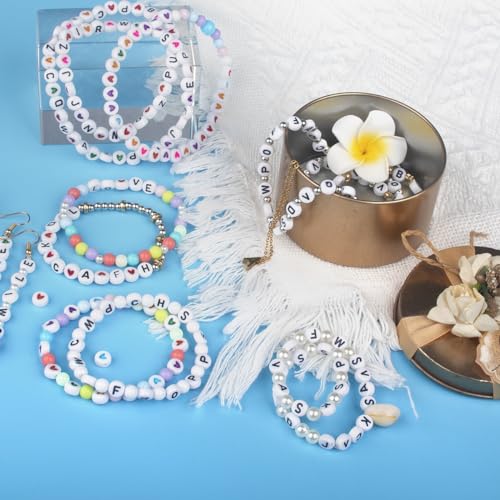 1000PCS Letter Beads, White Alphabet Beads and Colorful Heart Beads - color: W+heart