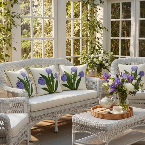 Embroidered Throw Pillow Covers 18x18 Pack of 2 Purple Tulip - color: Purple Tulip, size: 18" x 18" (Pack of 2)