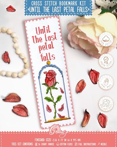 Povitrulya Until the Last Petal Falls - Counted Cross Stitch Bookmark Kit - True Love Embroidery Set for Adults with Paper Pattern, 16-Count Aida Canvas and Presorted Floss - color: Last petal