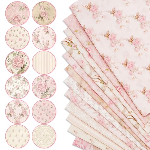 Whaline 12 Pcs Spring Fabric Squares Cotton Fabric Bundles Small Pink Retro Rose Floral Sewing Fabrics for DIY Sewing Craft Decor, 10 x 10 Inch - color: Pink, size: 10 x 10 inches