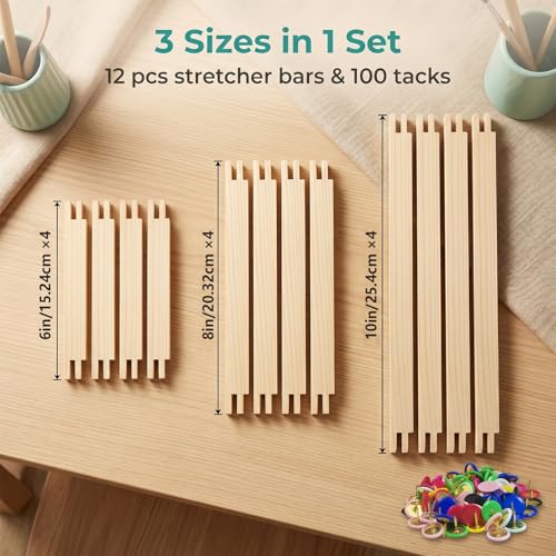 MengMain Needlepoint Stretcher Bars for Needlework, 12PCS Wooden Canvas Frame Set, 6, 8, 10 Inch with 100 Thumb Tacks and Tack Remover for Embroidery and Cross Stitch (6/8/10in)