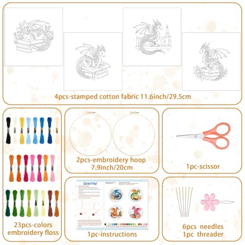 BEUNITONE 4 Set Embroidery Kits for Beginners with Dragon Pre-Print Patterns, DIY Craft Kits Include Instructions and 2 Embroidery Hoops, Cross Stitch Needlepoint Kits for Craft Lover and Home Decor - style: A-Dragon