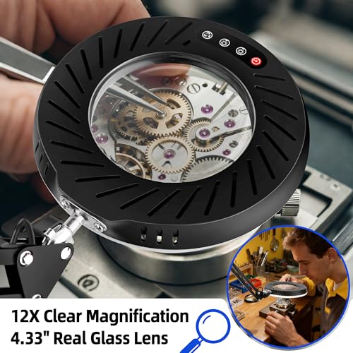 Akynite 12X Magnifying Glass with Light and Stand,5 Color 9 Levels Dimmable
