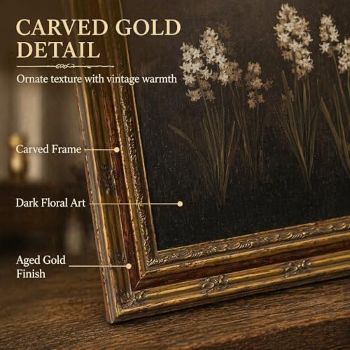 DNEJZKI Vintage Gold Frame Hyacinth Wall Art Rustic Farmhouse Flower Botanical Wall Decor Retro Floral Landscape Painting Picture Cottagecore Plant Canvas Prints for Living Room Bedroom Office Deco - color: Hyacinth, size: 16"L x 12"W