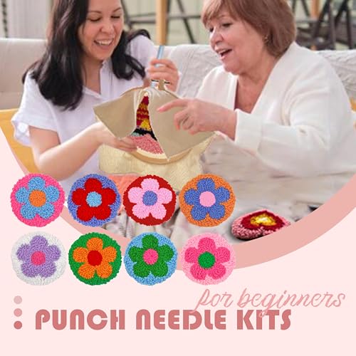 SEREDH Punch Needle Kit for Beginners Adults Easy Needle Punch Embroidery Set Including Threader Instruction Fabric Hoop Yarn Coaster DIY Making Kit Supplies,Set of 8 Flower Art Crafts Gifts - color: Flower