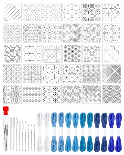 eZAKKA 51 Pack Blue Sashiko Kit with 30 Templates, 9 Needles & 12 Threads - color: Blue Sashiko Full Kit (51Pcs))