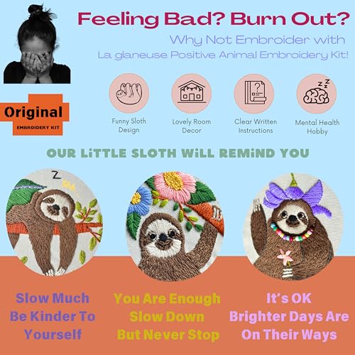 La glaneuse 3 Pack Embroidery Kit for Adult, Beginner Embroidery Kit of Positive Sloth Patterns with Positive Healling Quotes for Mental Healing - color: 3 Pack Positive Sloth