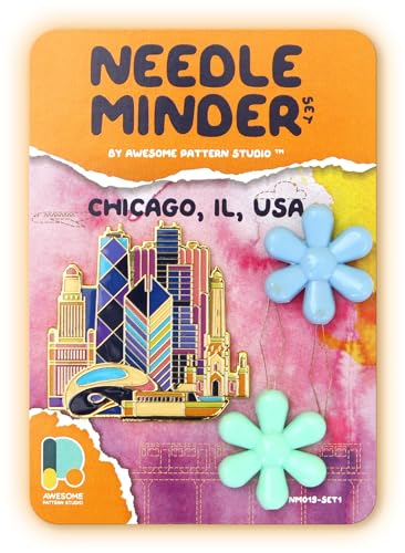 Awesome Pattern Studio Needle Minder Set – Chicago Magnetic Needle Minder + 2 Needle Threaders. Enamel Pin for Cross Stitch, Embroidery and Craft - size: Chicago Set #1