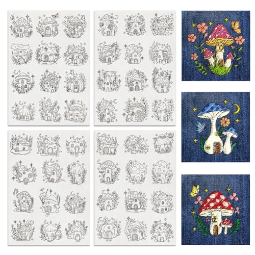BENECREAT 4Sheets 48Pcs Mushroom Hut Water Soluble Embroidery, 11.7x8.3inch Stick and Stitch Embroidery Paper Stabilizer Water Soluble Hand Sewing for Shirts, Coats, Bags - color: Mushroom Hut