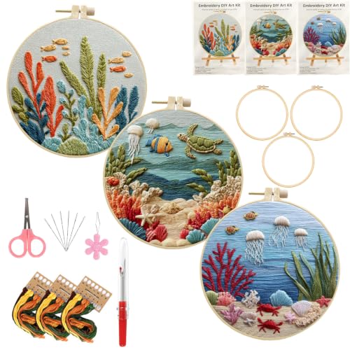 LYMIGER 3 Packs Embroidery Kit for Adults, Embroidery for Beginners (Sea) - color: Sea