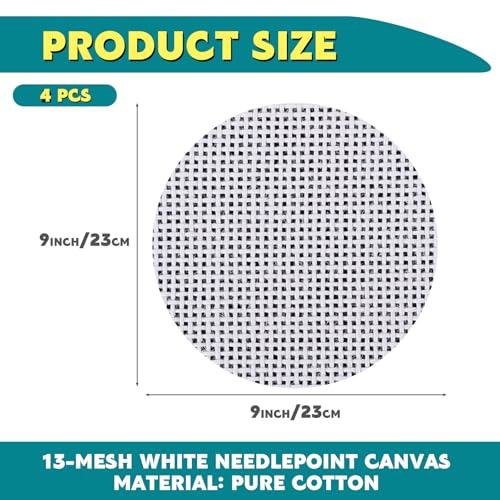 Knitgrip 4 Pack 9 Inches Needlepoint Canvas 13 Mesh Round Blank White Canvas Pure Cotton Needlepoint Mesh Twist Interlock for Embroidery DIY Knit Crochet Projects