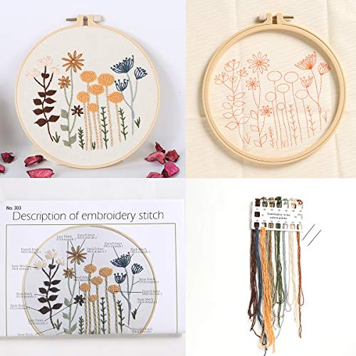 3 Sets of Beginner Embroidery Kits with 3 Patterns and 6 Needles, Needlepoint Kits for Adults,Including Embroidery Floss,3 Plastic Hoops and 3 Cotton Fabric